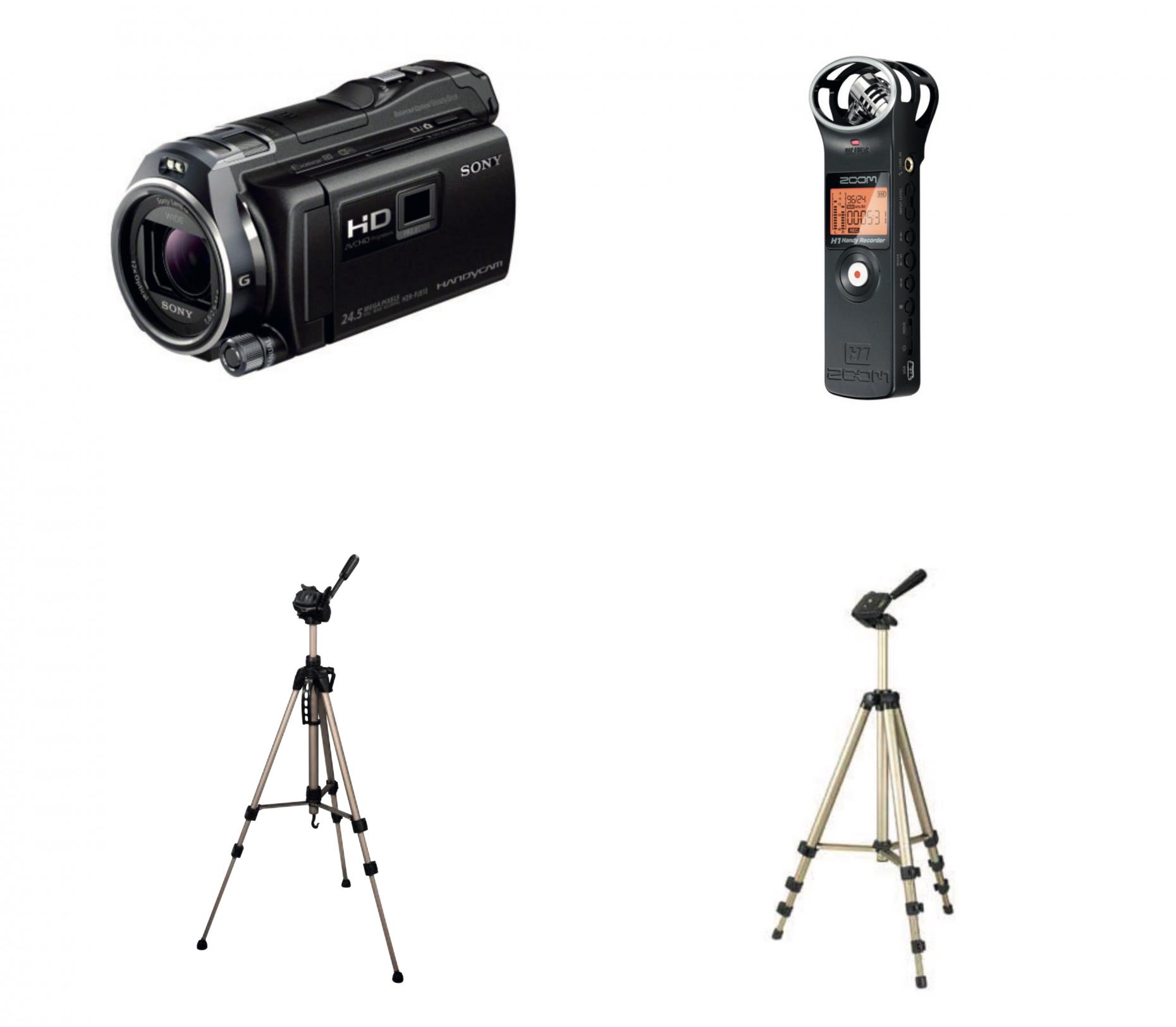 Eine Videokamera, ein Audioaufnahmegerät und zwei Stative